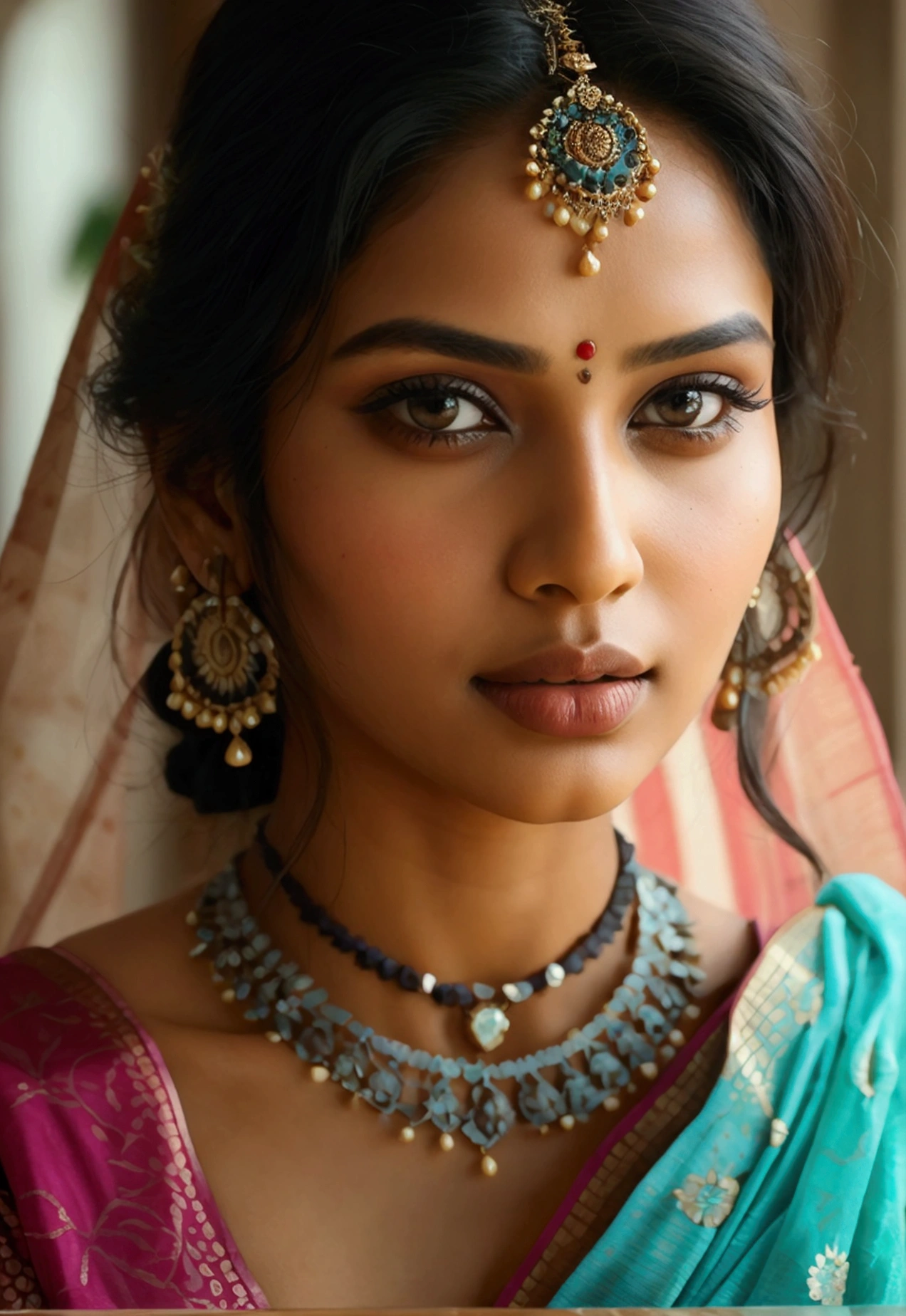 "Create an image of a beautiful Indian woman with medium-weighted size and a focus on her natural beauty. She should have a traditional yet modern appearance, wearing a saree or a salwar kameez that accentuates her figure without being overly revealing. Her belly is visible, reflecting a confident and graceful demeanor. The background should be simple, with soft lighting that enhances her skin tone and facial features."