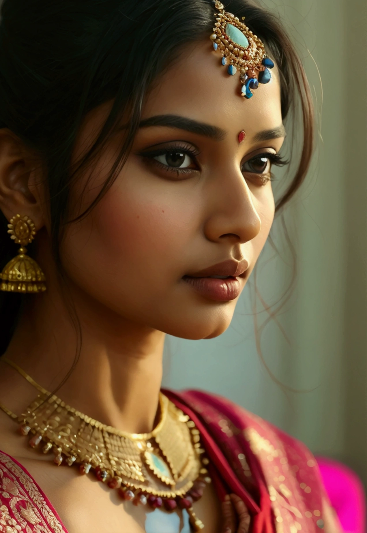 "Create an image of a beautiful Indian woman with medium-weighted size and a focus on her natural beauty. She should have a traditional yet modern appearance, wearing a saree or a salwar kameez that accentuates her figure without being overly revealing. Her belly is visible, reflecting a confident and graceful demeanor. The background should be simple, with soft lighting that enhances her skin tone and facial features."
