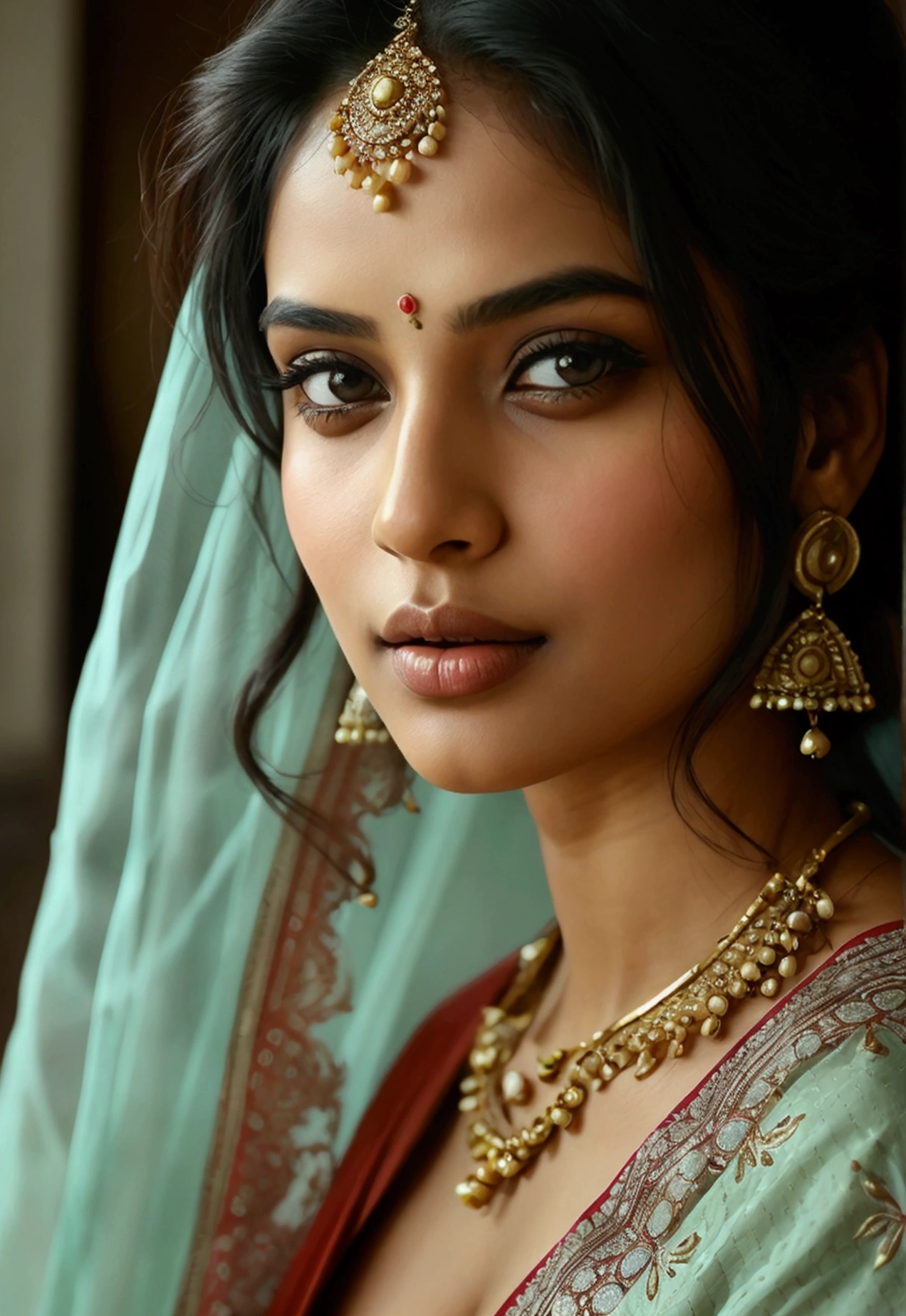 "Create an image of a beautiful Indian woman with medium-weighted size and a focus on her natural beauty. She should have a traditional yet modern appearance, wearing a saree or a salwar kameez that accentuates her figure without being overly revealing. Her belly is visible, reflecting a confident and graceful demeanor. The background should be simple, with soft lighting that enhances her skin tone and facial features."