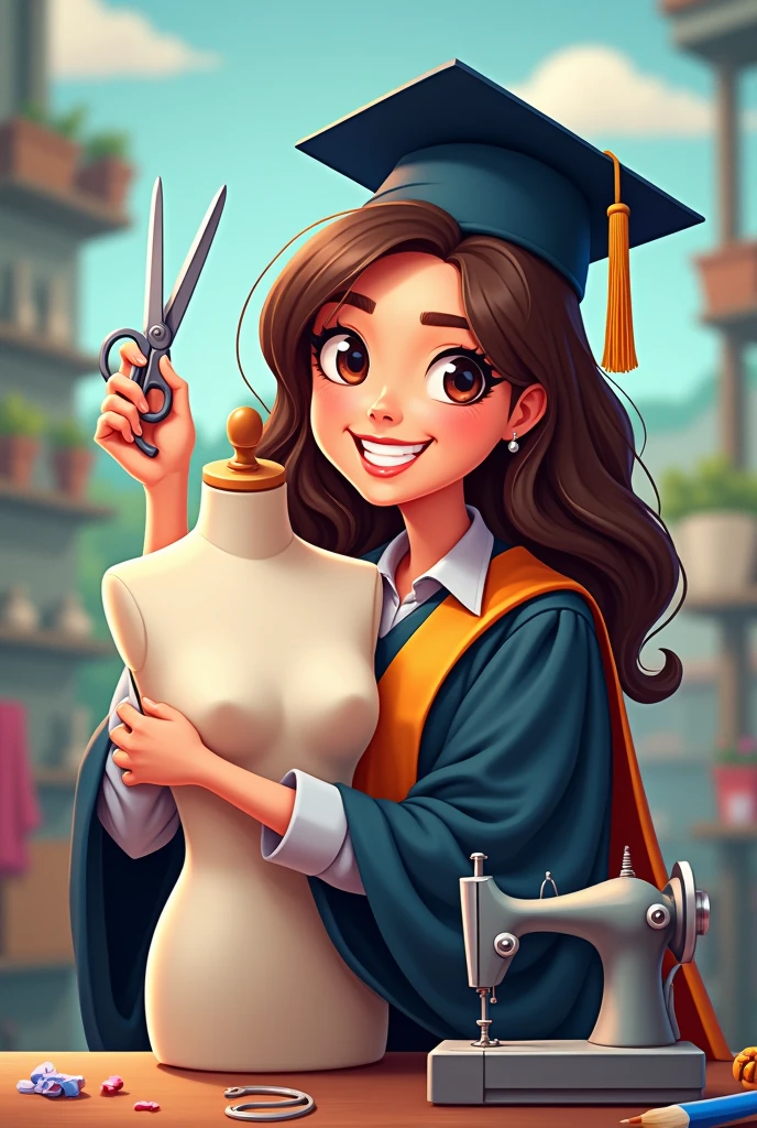 A happy woman wearing a full graduation uniform, holding scissors in her right hand and hugging a mannequin, sewing machine, a 2D cartoon drawing with high detail.