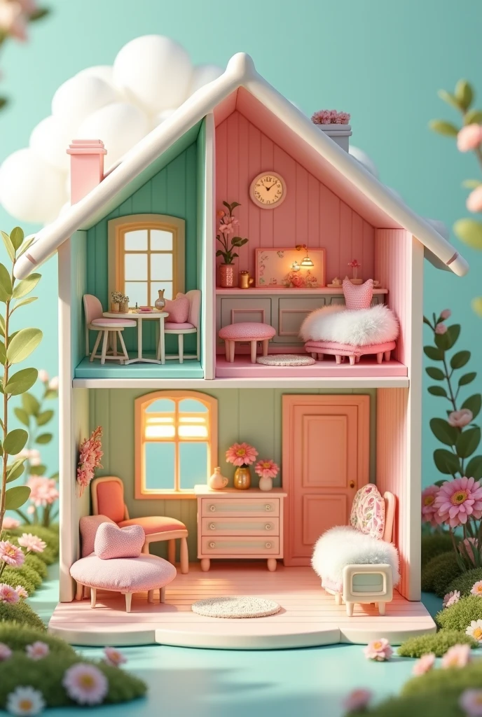 The house features pastel colors and cute designs.Pink and mint green walls, colorful and toy-like furniture.Cute decor and playful interior.Miniature kitchen, fluffy cushions and rugs in the living room.Dollhouse style accents, gorgeous dresser and closet.Small flower beds and cafe table on balcony, overall dreamy atmosphere.