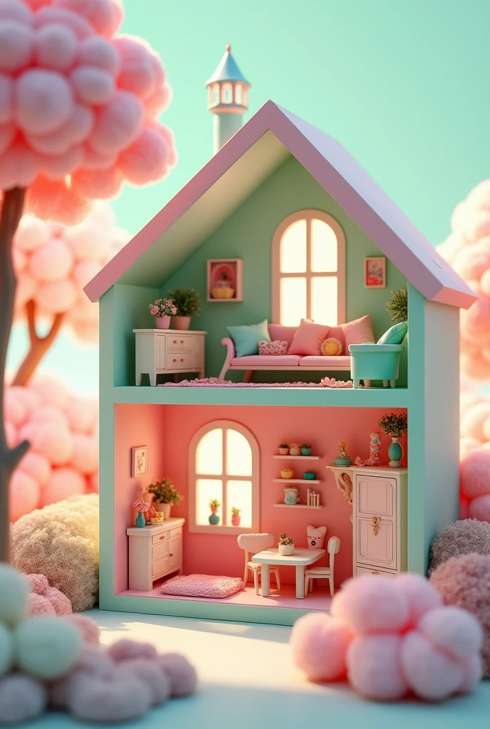 The house features pastel colors and cute designs.Pink and mint green walls, colorful and toy-like furniture.Cute decor and playful interior.Miniature kitchen, fluffy cushions and rugs in the living room.Dollhouse style accents, gorgeous dresser and closet.Small flower beds and cafe table on balcony, overall dreamy atmosphere.