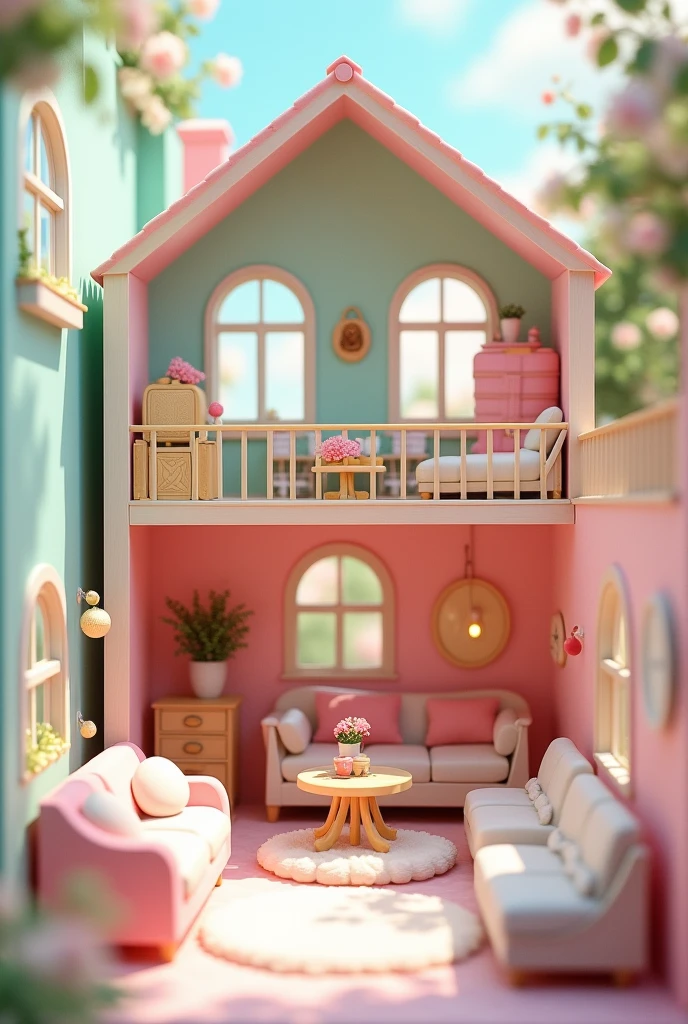 The house features pastel colors and cute designs.Pink and mint green walls, colorful and toy-like furniture.Cute decor and playful interior.Miniature kitchen, fluffy cushions and rugs in the living room.Dollhouse style accents, gorgeous dresser and closet.Small flower beds and cafe table on balcony, overall dreamy atmosphere.