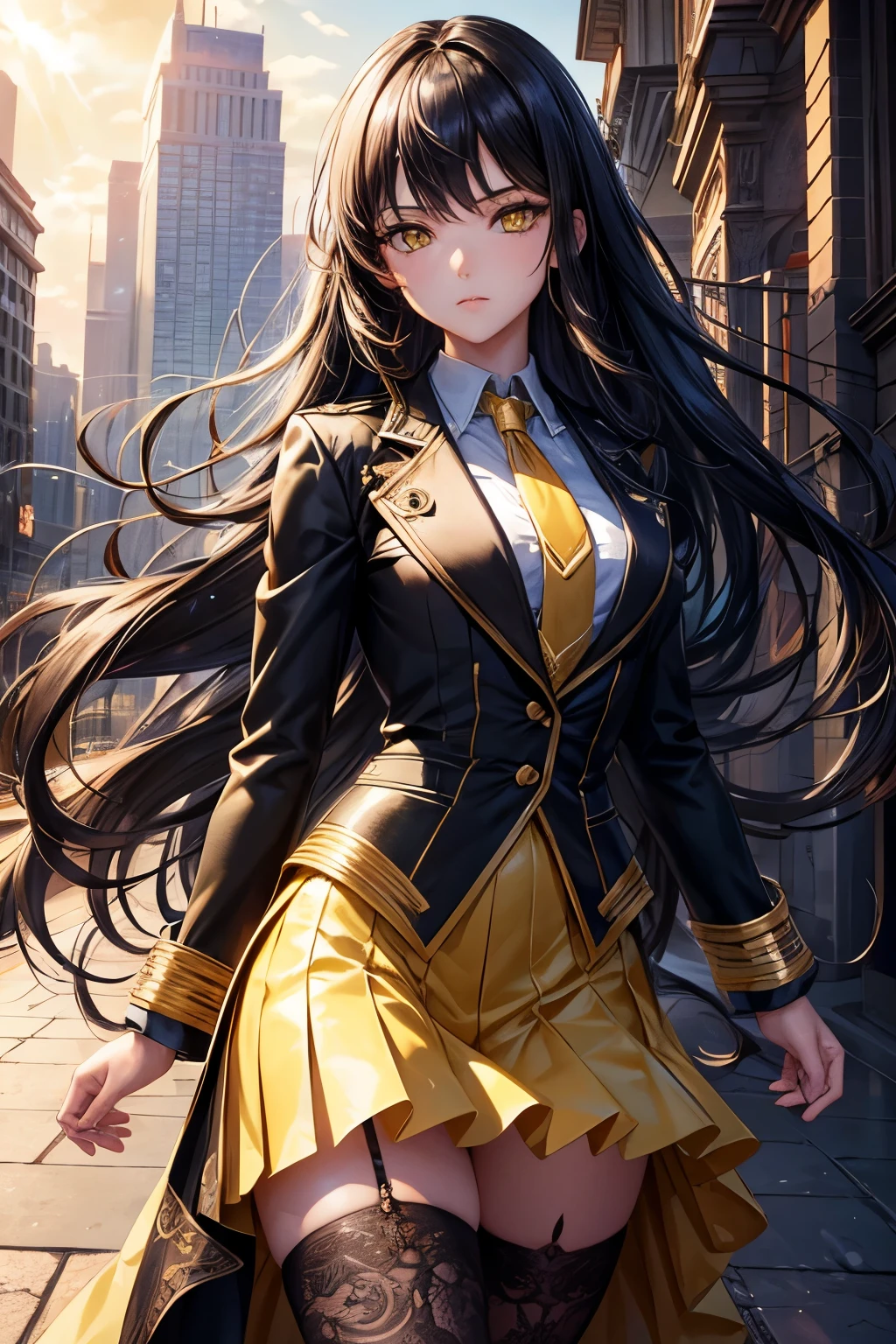 1 girl, intricate details, masterpiece, best quality, Extremely detailed,movie lighting, Beautiful and detailed light, Exquisite and beautiful face and eyes, 8k, dark intense shadow, Yellow eyes, Medium long hair, black hair, Bangs, flowing hair, black jacket, open jacket, White shirt, Expressionless, yellow tie, Black skirt, spotlight, Sunlight, sunrise, Gradient sky, City, lens flare, Cowboy shooting, [[curved]], [Become a]