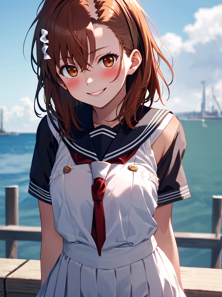 Surreal Scene:1.5, (Misaka Mikoto), beautiful girl, cute, smile, blush, Sailor suit, (flat chest), uhd, retina, masterpiece, accurate, anatomically correct, textured skin, super detail, high details, high quality, best quality, highres, 8k