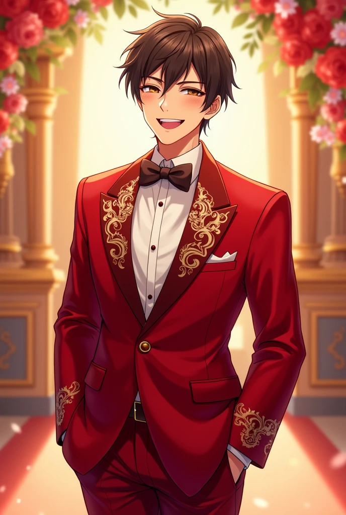 Anime boy in He's at a wedding with red pants and a red suit and his smiling very good way [anime boy age 24]