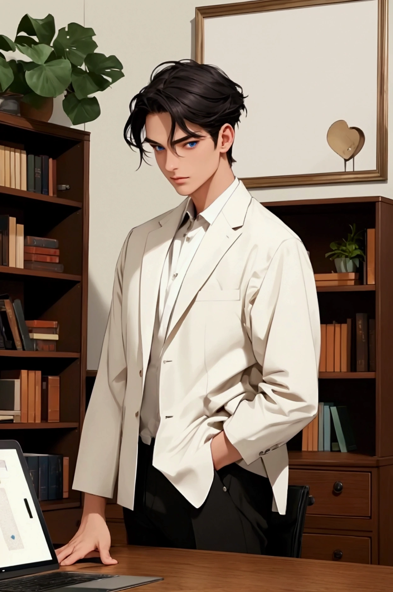 (pose))), (photorealistic photo: 1.3), rim luzing, (high detailed leather:1.2), 8k hd, DSLR, high quality, High resolution, 4k, 8k, bokeh, absurd, (real:1.3), (((Detail on face))), (((body details))), (detail in clothing))), ((detalle en bottom)))
character: Tall Man, good physique, fit, attractive, the most beautiful man, Without beard, long black hair, White skin, blue eyes.
CLOTHES; White coat, White shirt, Black pants.
bottom: Psychiatric hospital, Psychiatrist's Office (black wood desk, laptop, plants, cream walls, shelf with books, paintings. peace, calm)
pose: safe, confident, fun, en calm.