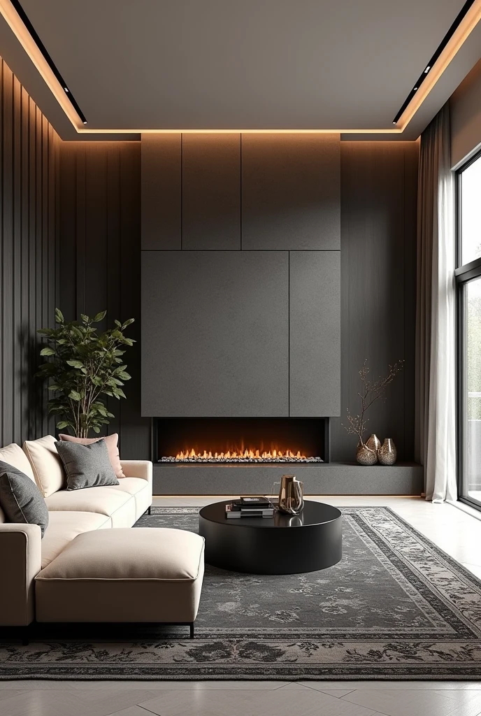 Professional 3d architecture rendering design of modern  living room with so  and very  dark beige floranca velvet sofa  set and medium  flouting  dark gray marble fireplace and  light gray laminate and elegant and modern accessories and modern windows and black slab stone middle table and elegant and modern  ceiling lighting and elegant accessories and elegant  dark gray Persian carpet and elegant ceiling lighting 