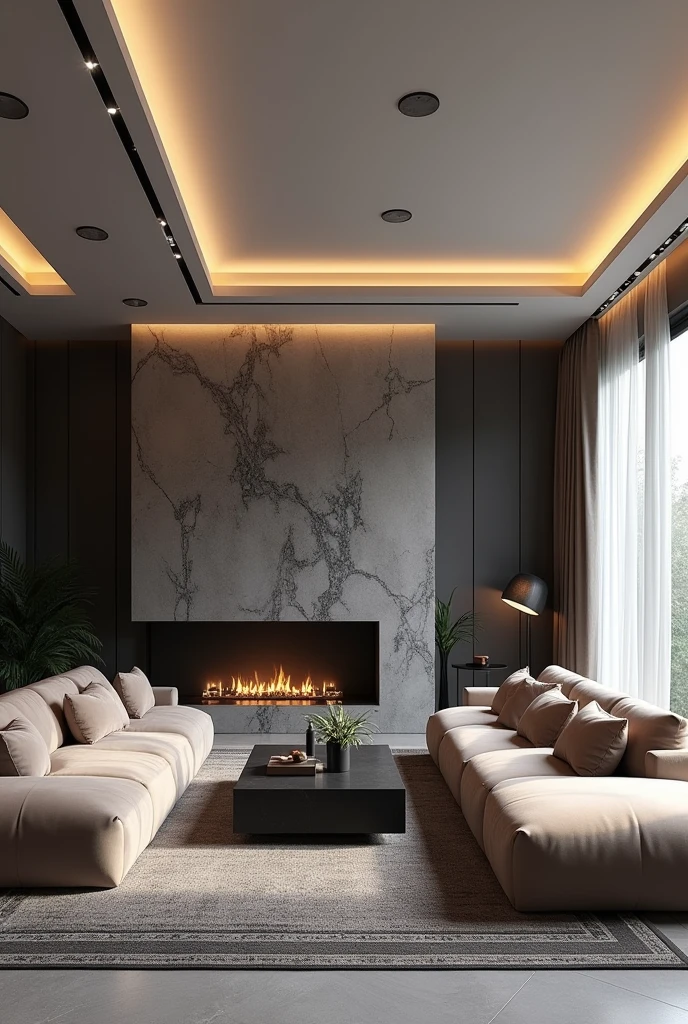 Professional 3d architecture rendering design of modern living room with so and very dark beige floranca velvet sofa set and medium flouting dark gray marble fireplace and light gray laminate and elegant and modern accessories and modern windows and black slab stone middle table and elegant and modern ceiling lighting and elegant accessories and elegant dark gray Persian carpet and elegant ceiling lighting