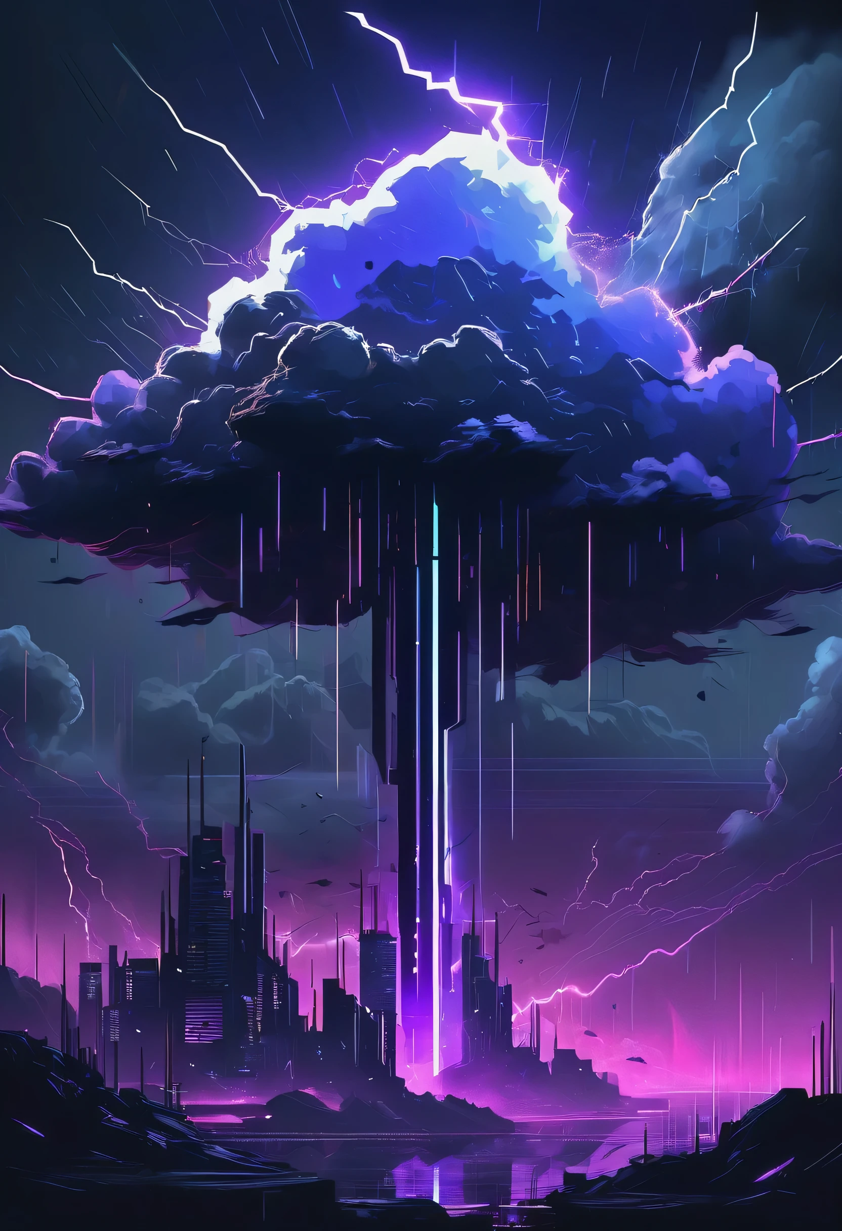 Create a banner for a Discord server named 'Cruelcloud'. The banner should have a dark, menacing, and cyberpunk-inspired aesthetic, featuring a stormy sky filled with ominous, swirling clouds. Lightning bolts and glitch effects can be subtly incorporated to enhance the 'cruel' and 'digital' themes. The background should use a color palette of dark grays, deep blues, and electric purples, with neon accents. The server name 'Cruelcloud' should be prominently displayed in a sleek, futuristic font, possibly with a glowing or metallic effect, positioned either in the center or aligned to the left. Additional elements like digital rain, floating data streams, or shattered glass fragments can be added for extra depth and intensity