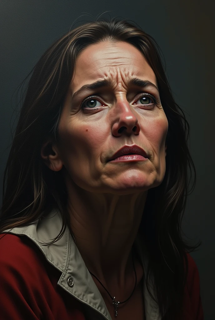 The image depicts a woman with a snarl over her neck expressing sadness as she approaches a painting on a wall. She's bleeding, and her eyes are brighter with each drop. A single ray of sunlight filters through the window in the background, casting a warm glow on her face. Her face is contorted in pain, a sense of hope and contentment at work. The painting comes to life as she loses herself in the light, her face shattered and her eyes closed. The painting feels so sad and eerie that it becomes even more gratifying. The scene is filled with a sense of sadness and enrage, as the woman's expression becomes eerie and intense.