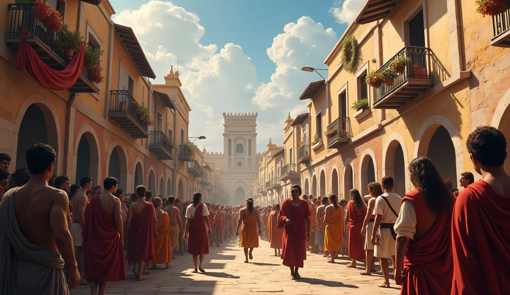 Ancient city of Troy, small number of people are celebrating on the streets after a long war
