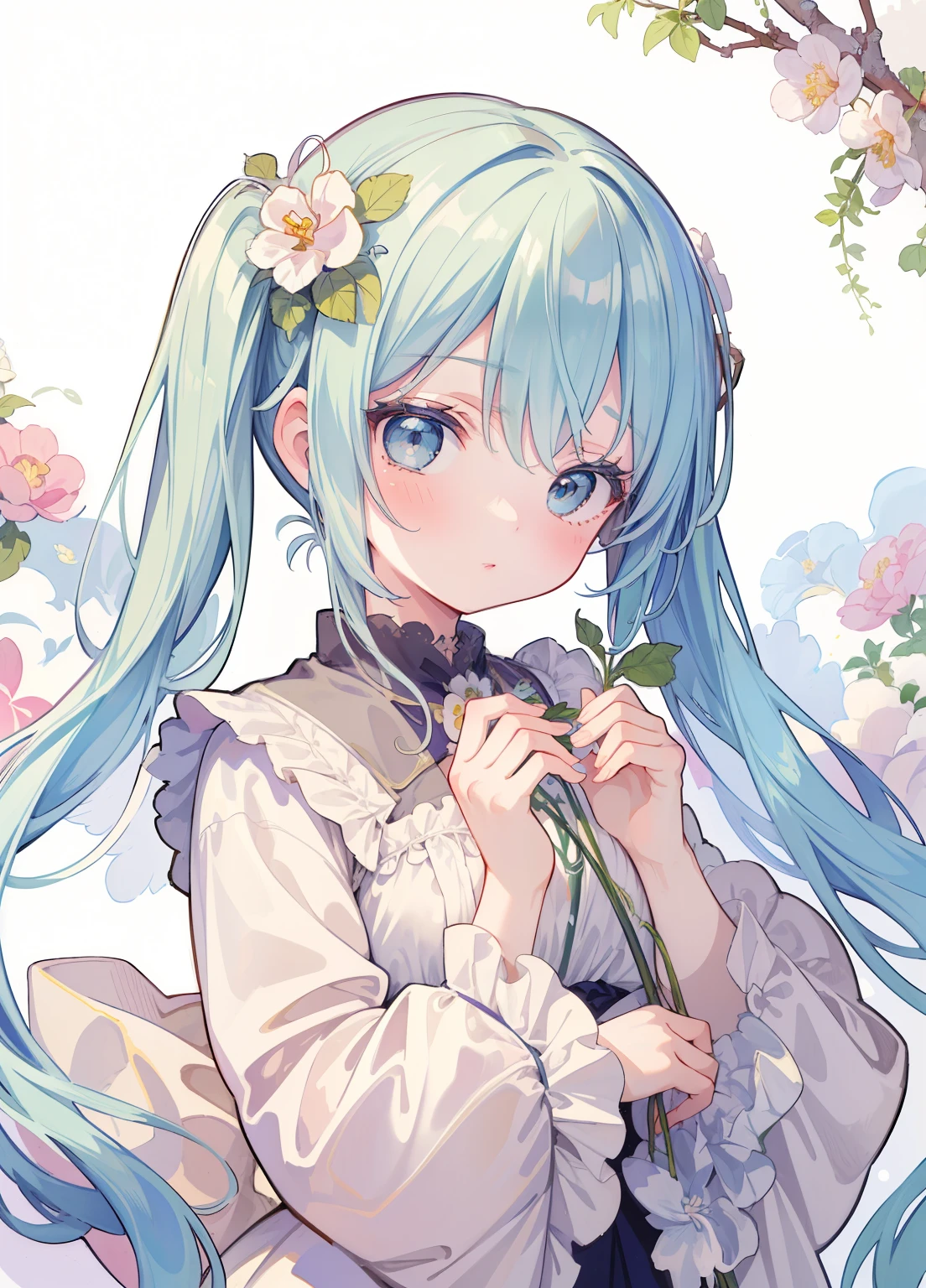 (masterpiece、Highest quality、Highest quality、Official Art、beautifully美しい:1.2)、(One person:1.3)Hatsune Miku、Twin tails,Beautiful breasts, Katsushika Hokusai,1 girl, (masterpiece, Highest quality, Highest quality, beautifully、aesthetic: 1.2), (1 girl: 1.3), flower, Delicate clothing, square picture flame, ((face)), cool face, beautiful white flower flowing background,(Alphonse Mucha's),Gradient color hairstyle, Very detailed, Soft Light, Gentle colors, alone, Long white hair, Dutch Angle, flame, profile, Short neck,Crown, Church clothing, Dutch Angle,