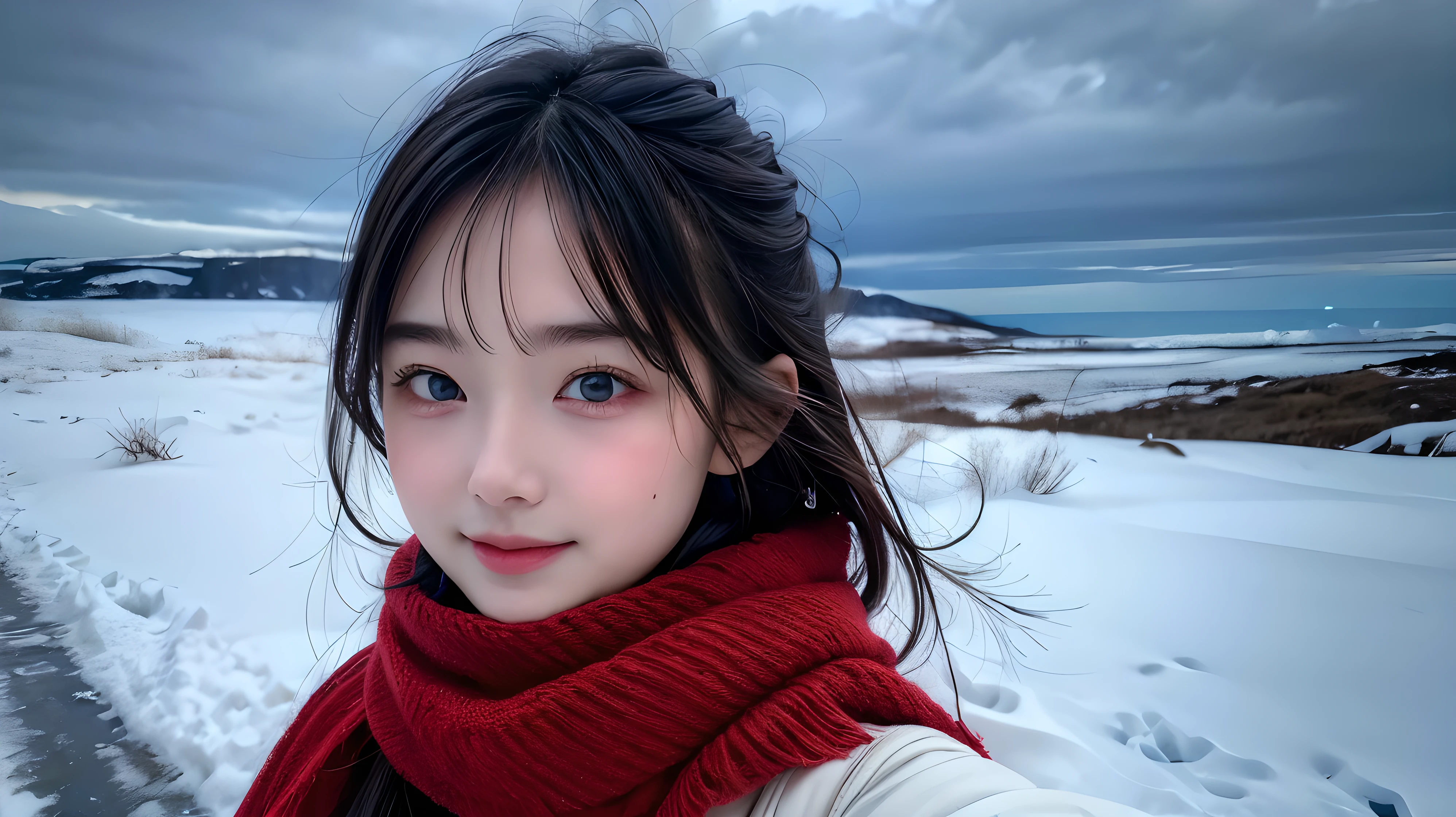 (Highest quality: 1.5), (masterpiece: 1.2), (Realistic: 1), 4K, (RAW Photos: 1.1), 1 person, Baby Face, 20-year-old, Looking at the audience, Black Hair, Icelandic, snow, ice, cold, Eskimo, Portraiture, winter, gloves, scarf, close your eyes, smile, cute, Upper Body, snow piled up, Wide Shot,