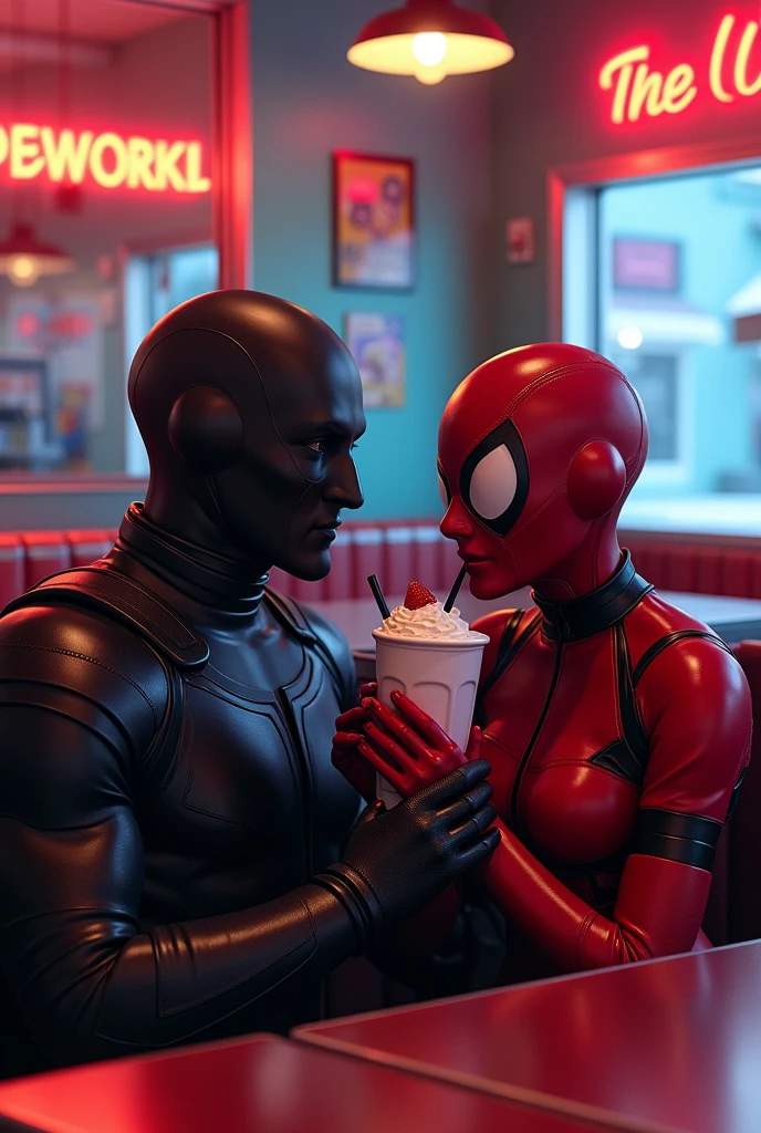 Two characters are sitting side by side in a stylish 80s diner.. The first character is a masked vigilante  (helmet)in black with black visor, with black armor that shines subtly in the light. He is silent and exudes a mysterious aura. The other character next to you has a vibrant red outfit., with black details, and a red mask that completely covers his face, except eyes with white lenses . He is playing with a straw, while drinking a strawberry milkshake, clearly enjoying the moment. Both characters have milkshakes in their hands., with different flavors, and there is a slight camaraderie between them, despite their contrasting personalities. The background of the diner is colorful, with neons and retro posters, creating a nostalgic and fun atmosphere. crie essa imagem