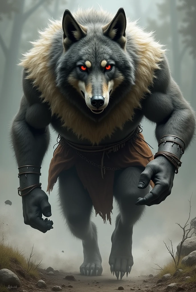 the same wolf that appeared in Puss in Boots, with red eyes walking forward in a tunic made from a dead sheep