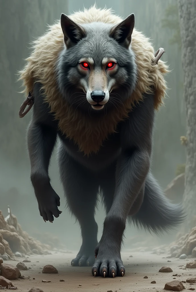 the same wolf that appeared in Puss in Boots, with red eyes walking forward in a tunic made from a dead sheep