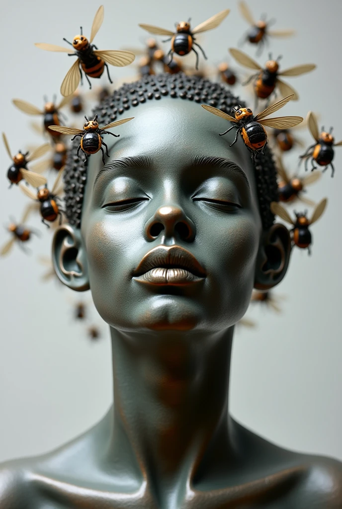 Create a sculpture with the design of Colombian sculptors that represents the saying "flies don't enter a closed mouth" A person with a closed mouth and flies around it