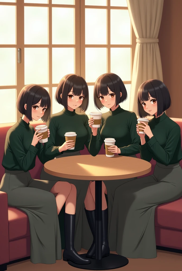 4 Japanese woman, smiling, self portrait, short hair, dark hair, fine pores, fine hair, fine eyebrows, fine eyelashes, cafe, natural light, dark green blouse, long skirt in love gray, long black boots, paper cup of coffee in hand, sitting on sofa, window in background