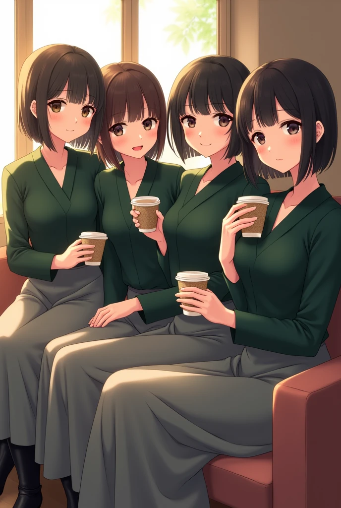 4 Japanese woman, smiling, self portrait, short hair, dark hair, fine pores, fine hair, fine eyebrows, fine eyelashes, cafe, natural light, dark green blouse, long skirt in love gray, long black boots, paper cup of coffee in hand, sitting on sofa, window in background