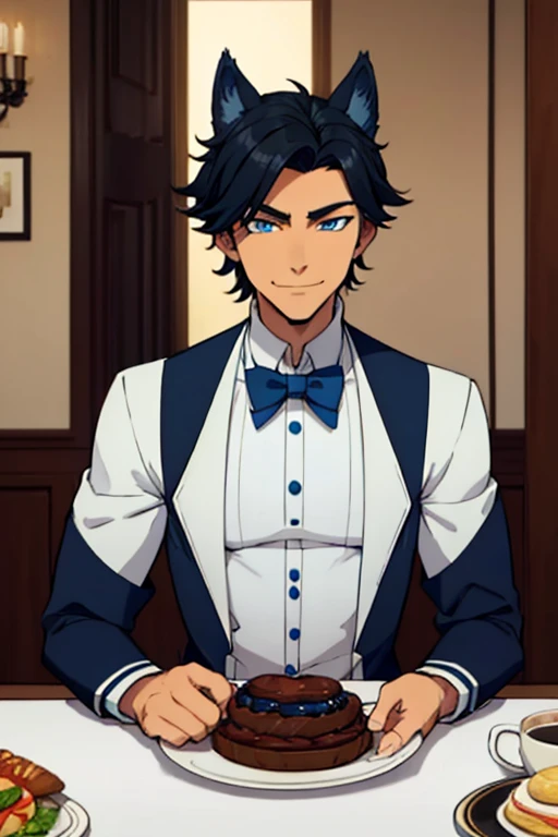 Perfect face. Perfect hands. A handsome black haired man with blue eyes and dark blue wolf ears and a dark blue wolf tail in a butler's uniform is smiling while setting the table in a fancy butler's cafe