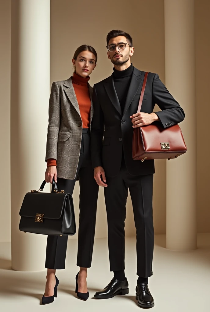image of woman and man using handbags to show and emphasize bag sale for store website 

