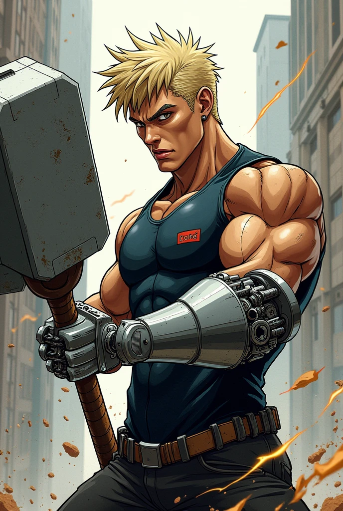 Make a man with short blonde spiky hair with a robotic arm holding a metal sledgehammer manga art style