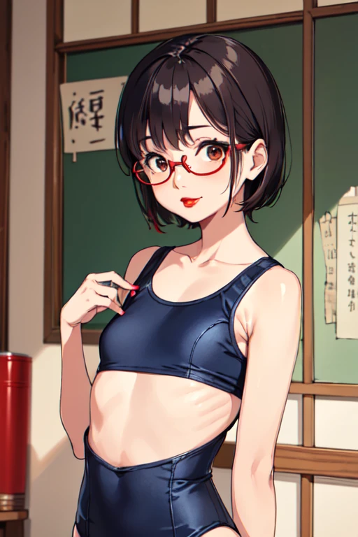 ((Japanese Mature)), ((60 years old:1.4)), ((old woman:1.3)), Japanese Mature Wife, Browsing Caution, One girl, ((Small breasts)) , ((Flat Chest)), ((Saggy breasts)), ((School Swimsuit)), Japanese-style room, short hair, ((Frame glasses)), ((Red lipstick))