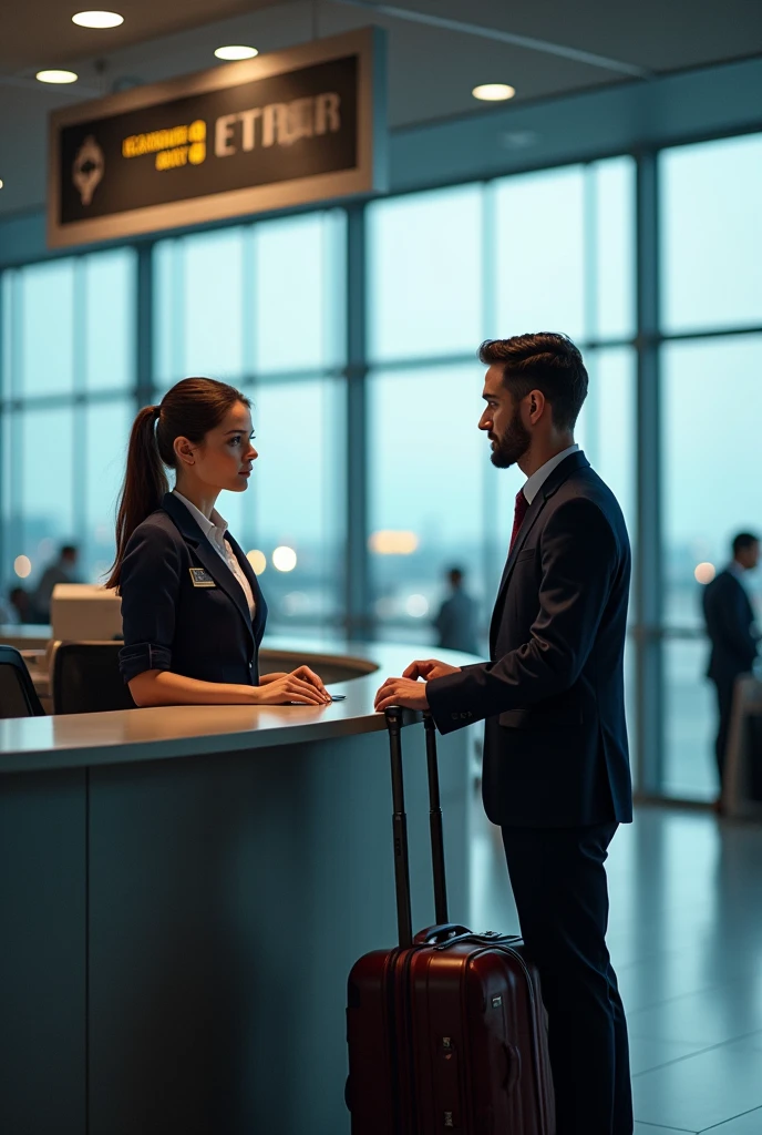 security at counter of air port， women， talking，guy with suitscase
