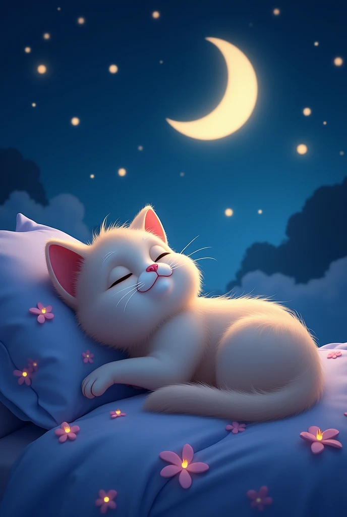 Cat、big、Are sleeping、Night Sky、On the bed、Disney、High resolution、moonlight、Sleeping face up