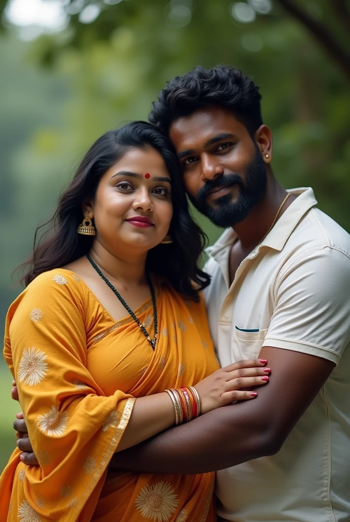 Kerala straight couple in guruvayoor. Realistic photo.showing face. No ornaments.Female is white skin tone chubby curvy with black hairs.looks like actress nithya menon. Male is black skin tone with beard