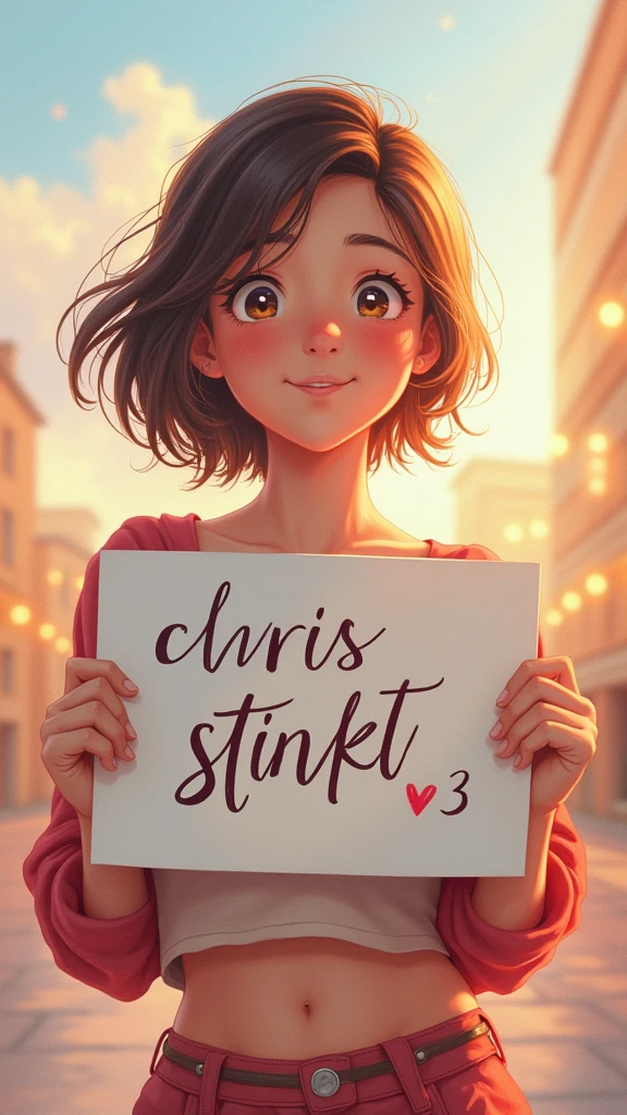 a beautiful and cute teenager woman holding up a sign "Chris stinkt <3", joyful, happy, anime illustration, photorealistic, oil painting