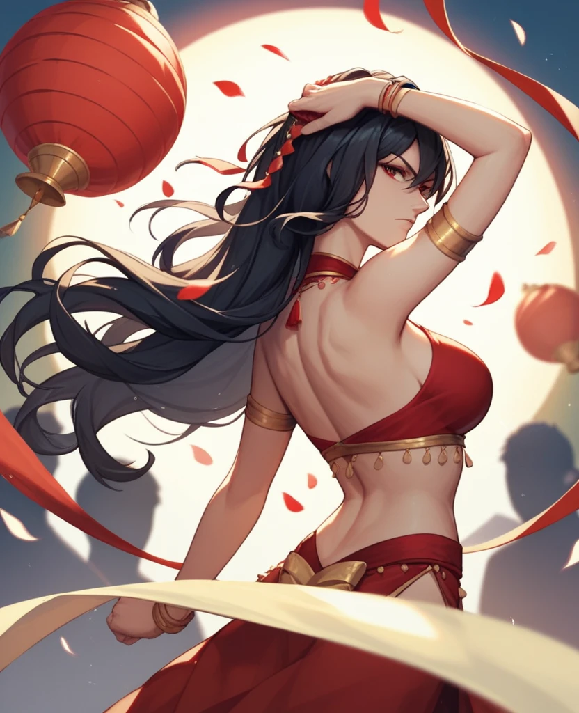 woman, facing back, look at the camera, long black hair, have red eyes, wearing red belly dance clothes. SERIOUS EXPRESSION , dancing at the carnival. less lighting. the background of a crowded city holding a carnival. Anime style