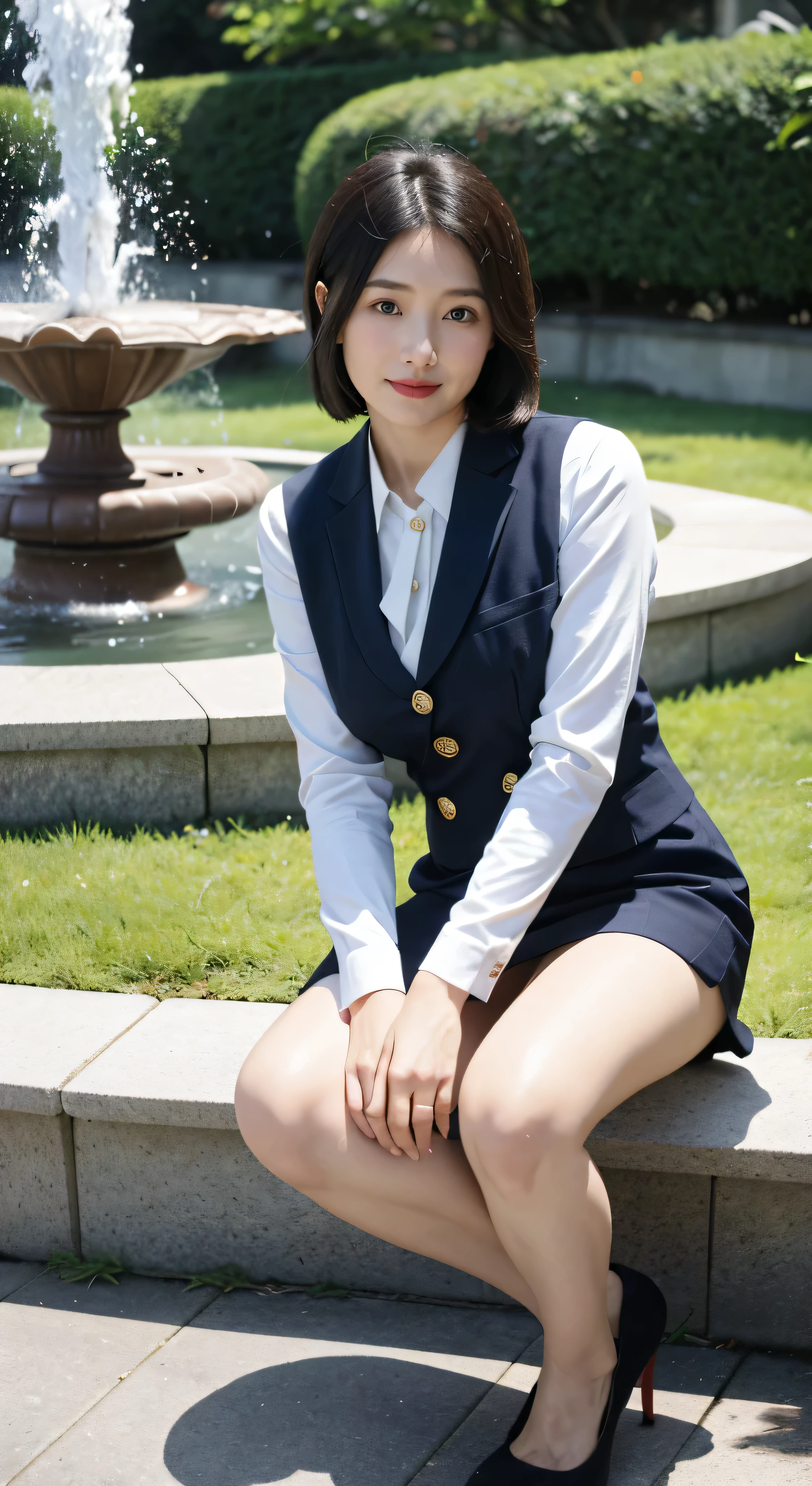 最high quality, In 8K, Masseter region, Vibrant, Sharp focus, high quality, High resolution, Detailed face, fine grain, Thick lips, (Looking at the audience), alone, Beautiful woman, 3, Japanese women, (Short black hair:1.4)、(Bob Hair:1.4), Cleavage, Lunch break、Large city park、Green Grass、In front of a big fountain、(sitting on a park bench:1.3)、(Full body photo:1)、(Japanese women)、(Mitsubishi Bank:1.8), (She is wearing a dark blue vest over a white blouse.:1.5), The vest has three gold buttons, (red, Blue and white ribbon tie:1.6)、(Ribbon tie at neck)、(Knee-length dark blue skirt)、(Black pumps:1.5)、(red lipstick:1)、(smile:1.6)、(standard body type)、(Z cup breasts)