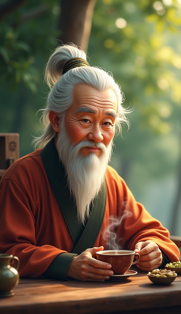 Chinese feng shui master, kind face, white hair, cheerful, drinking tea,  
 The teacher sat looking straight ahead, behind him was a scene of cozy green trees ( The teacher sat looking straight ahead. )