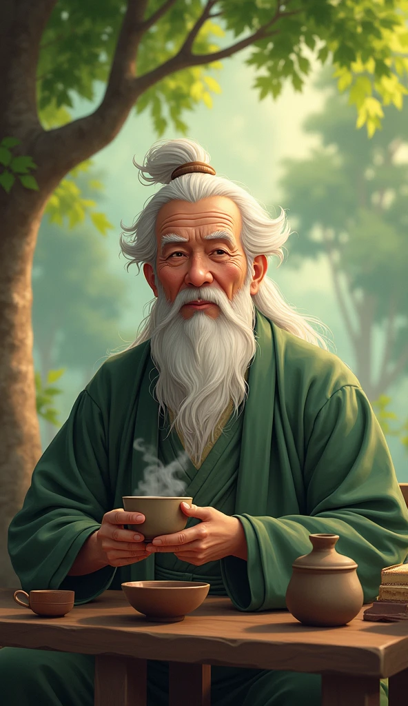 Chinese feng shui master, kind face, white hair, cheerful, drinking tea,
The teacher sat looking straight ahead, behind him was a scene of cozy green trees ( The teacher sat looking straight ahead. )