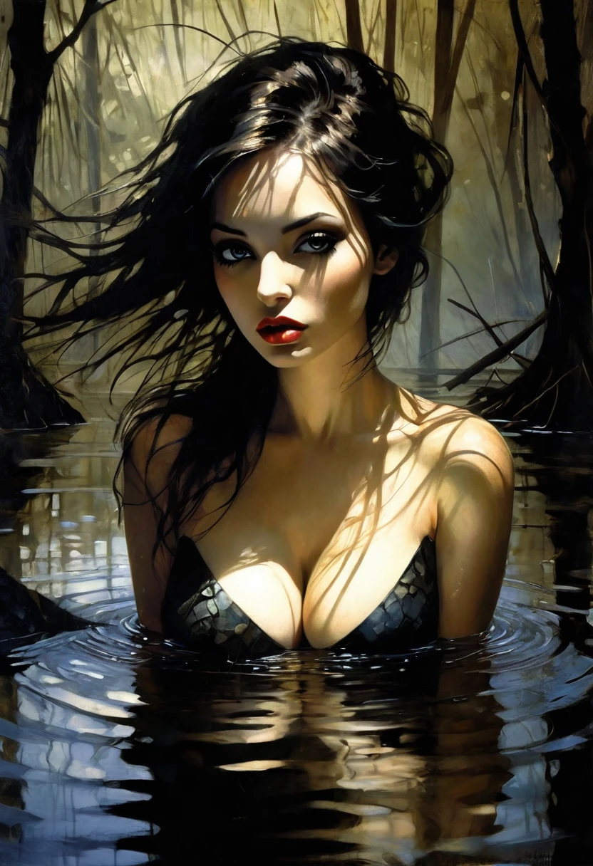 Young beautiful woman, (Not Nude), erotic, sexy, black and white, between shadows, in the water of a dark swamp, oil painting, dramatic lighting, dramatic contrast, chiaroscuro, detailed face, sensual expression, elegant pose, female figure, mysterious, moody, cinematic, dark romantic, bill sienkiewicz inspired, dark atmosphere, powerful composition, dramatic shadows, high quality, photorealistic, masterpiece (Best quality, 4K, 8K, High definition, masterpiece:1.2), ultra-detailed, (realistic, photorealistic, photo-realistic:1.37), intricate details, vivid colors, sharp focus, professional, dave mckean artwork, oil, hints of surrealism, oil painting style, portrait, woman, beautiful detailed eyes, beautiful detailed lips, dreamlike atmosphere, play of shadows, soft lighting, playful pose, dark shades, ethereal background, Fantasy elements, texture, layered composition, cleavage, Perfect slim body, Big beautiful breasts, sexy graceful hips, narrow waist,