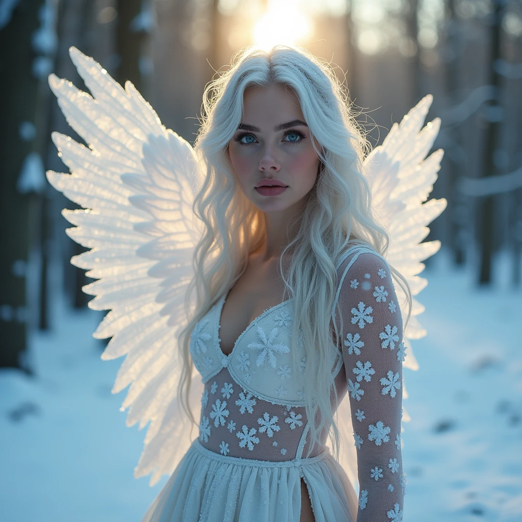Wide angle, A strikingly beautiful woman with crystalline wings, her body adorned with delicate snowflakes that shimmer in the pale winter light. She stands in the middle of a snow-covered forest, with frost clinging to her skin and breath visible in the cold air. Her eyes are a piercing icy blue, and her hair flows like a cascade of silver. Winter sunrise casting a warm glow over the serene, frozen landscape