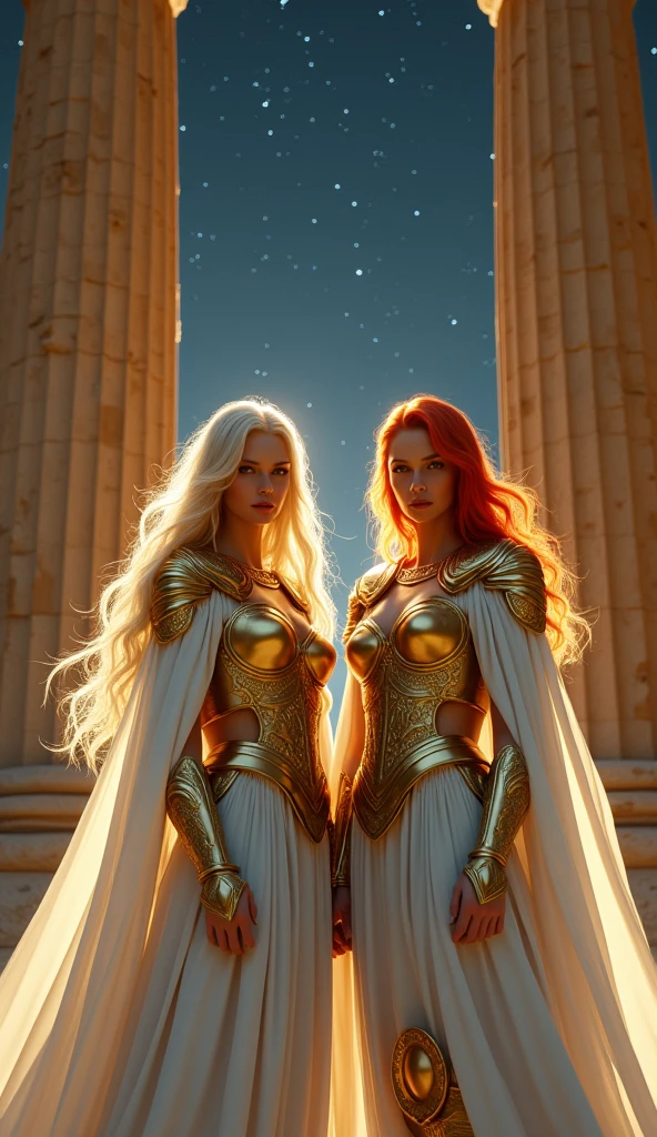 (masterpiece), (Highest quality), Photorealistic, Raw photo, Realistic, Cinematic Light, Beautiful twin sister goddesses in gorgeous golden armor., Blonde and red hair, White Cape, Staring at the camera with moist eyes, Greek Temple , Under the Gemini Stars
