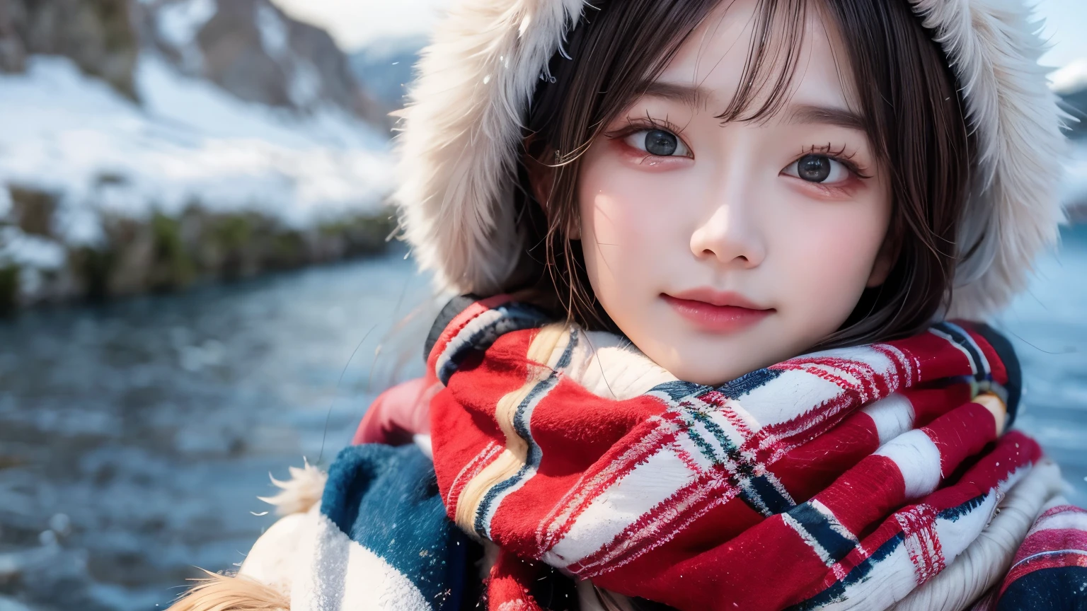 (Highest quality: 1.5), (masterpiece: 1.2), (Realistic: 1), 4K, (RAW Photos: 1.1), 1 person, Baby Face, 20-year-old, Looking at the audience, Black Hair, Icelandic, snow, ice, cold, Eskimo, Portraiture, winter, gloves, scarf, close your eyes, smile, cute, Upper Body, snow piled up, Wide Shot,