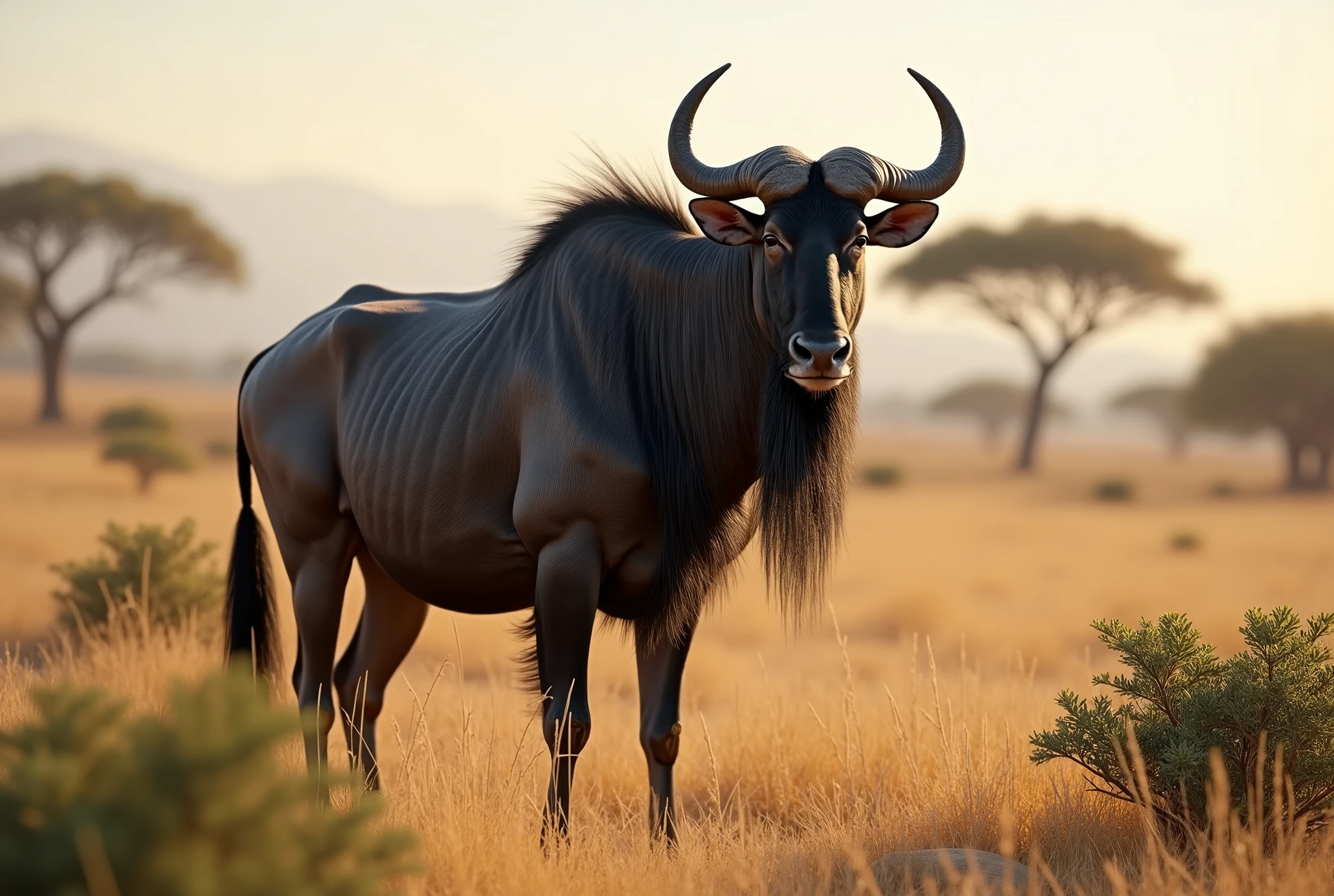 Create a captivating, hyper-realistic, AI-generated artwork of a wildebeest (gnu) in its natural habitat. The wildebeest should be depicted standing or grazing in the African savanna, showcasing its distinctive features, including its robust body, curved horns, and shaggy mane. Capture the detailed texture of the wildebeest's fur and its unique physical characteristics, with the animal's head held high and a calm or alert expression.
The scene should reflect the expansive savanna landscape, featuring tall grasses, scattered bushes, and perhaps a few distant acacia trees. Emphasize the texture of the savanna, including the warm, earthy tones of the environment and the vibrant greens of the grasses.
Use natural, earthy colors to depict the wildebeest and its surroundings, highlighting the contrast between the animal’s dark fur and the savanna. The lighting should be soft and natural, conveying the warmth of the African sun and enhancing the wildebeest's features and the textures of its environment.
The style should be hyper-realistic yet artistic, focusing on the wildebeest's presence and the vastness of its natural habitat. The final artwork should be high-resolution and visually striking, capturing the rugged elegance and serenity of the wildebeest in its natural setting.