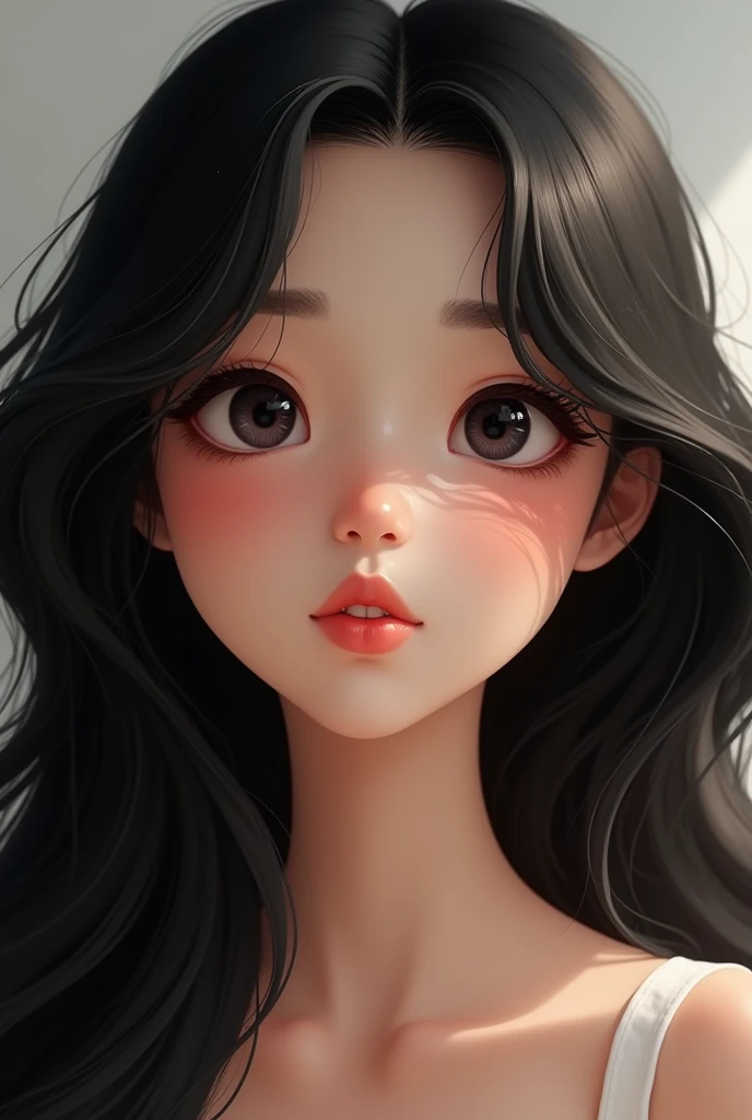 Super black haired woman with hamster cheeks