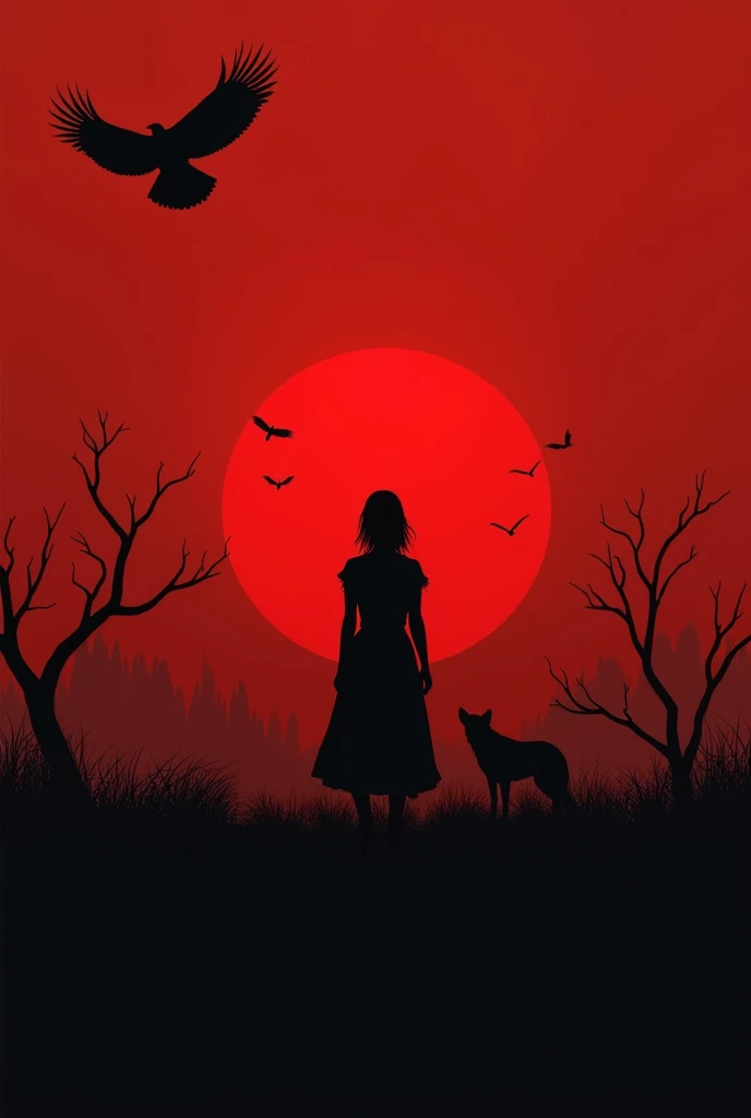 Scarlet sunset. 
in the middle of a dead field there stands a woman. 
black eagle in the sky. 
a jackal howls in the distance.
I feel scared and calm at heart