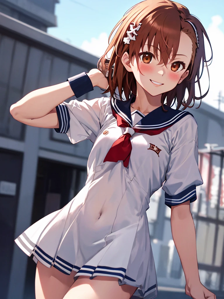 Surreal Scene:1.5, (Misaka Mikoto), beautiful girl, cute, smile, blush, Sailor suit, (flat chest), uhd, retina, masterpiece, accurate, anatomically correct, textured skin, super detail, high details, high quality, best quality, highres, 8k