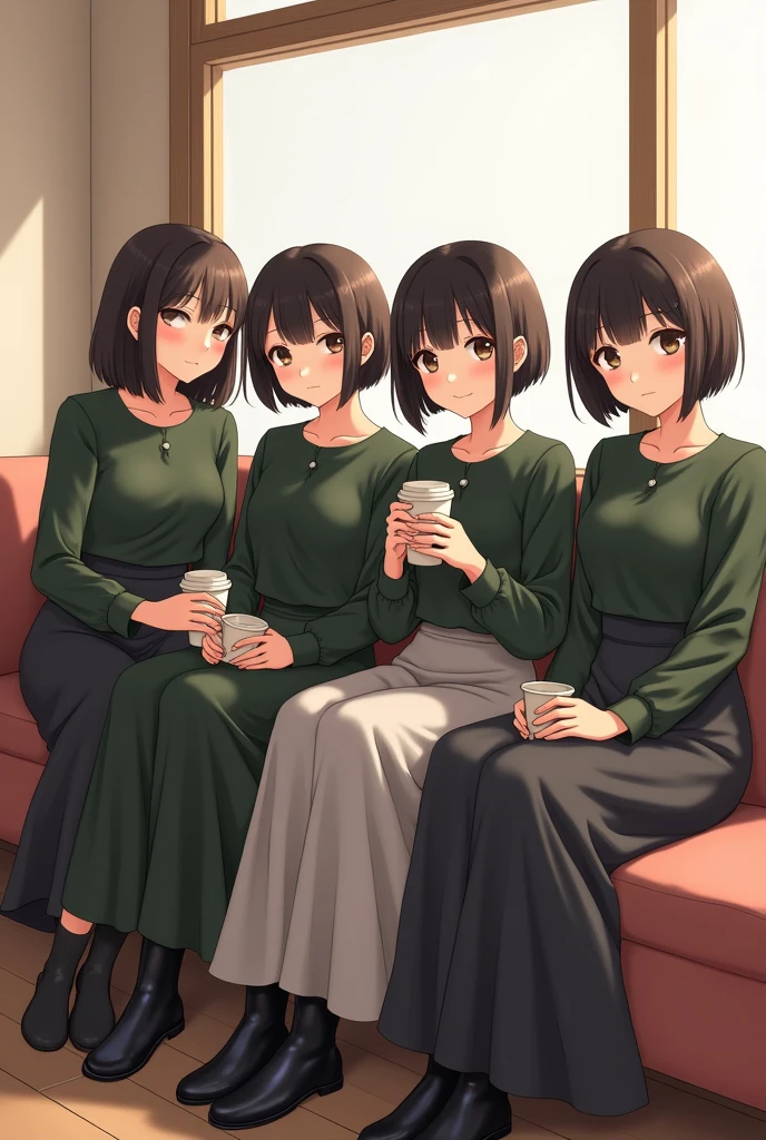 4 Japanese woman, smiling, self portrait, short hair, dark hair, fine pores, fine hair, fine eyebrows, fine eyelashes, cafe, natural light, dark green blouse, long skirt in love gray, long black boots, paper cup of coffee in hand, sitting on sofa, window in background