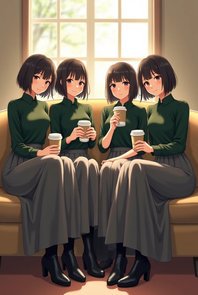 4 Japanese woman, smiling, self portrait, short hair, dark hair, fine pores, fine hair, fine eyebrows, fine eyelashes, cafe, natural light, dark green blouse, long skirt in love gray, long black boots, paper cup of coffee in hand, sitting on sofa, window in background