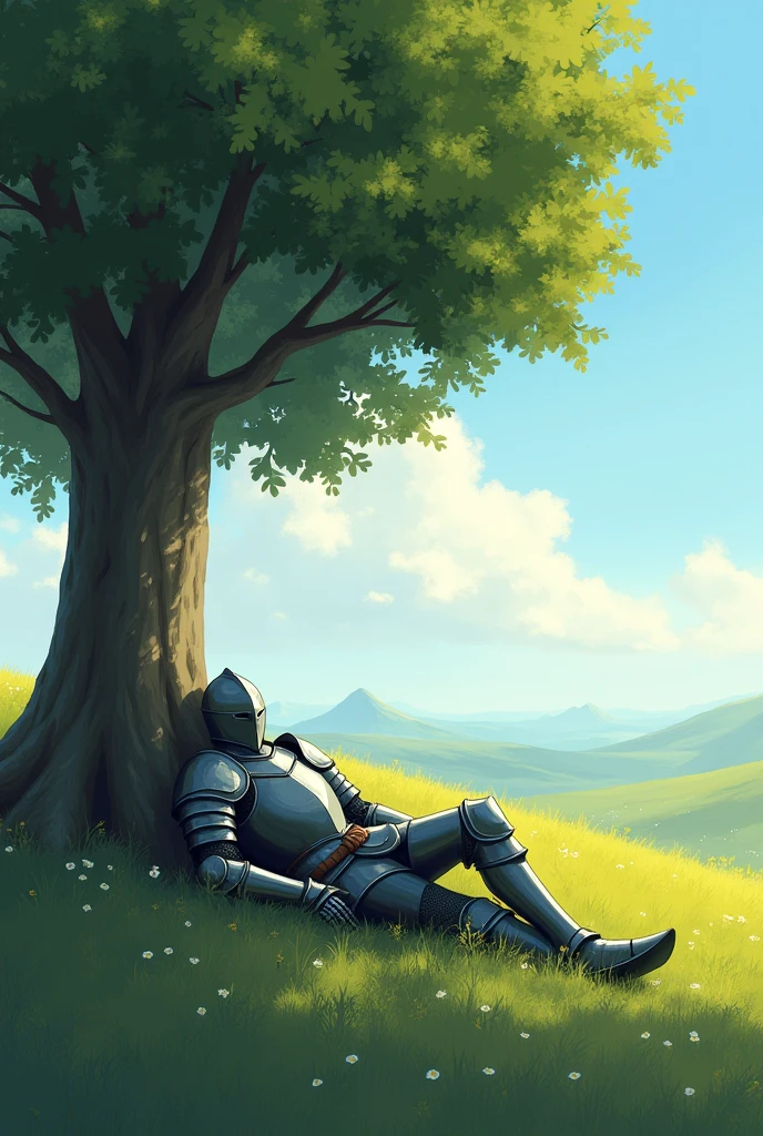 A knight in armor with his face covered fell asleep tiredly on a flat, quiet meadow under the shade of a tree., Basically, it is only shaded by one tree and there are no other trees around it. (windows wallpaper grassland)