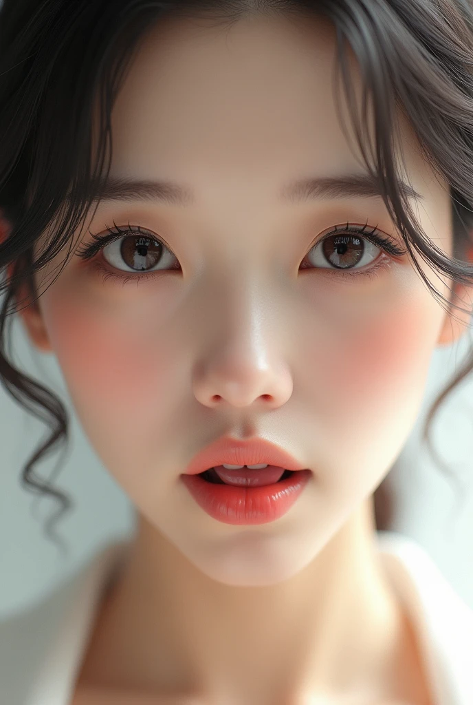 40s Japanese、Natural Skin、perfection, She has smooth skin and、She has a gentle yet provocative look..Sticking out the tongue、Design a breathtaking female close-up. Lips are soft、Slightly curved., The faint smile、It suggests something deeper, sticking out tongue、She tilts her head up, Gives a sophisticated and calm impression.. background should be white, Emphasize her elegance."tongue, Sticking out the tongue, Shortcuts、Shortcuts,