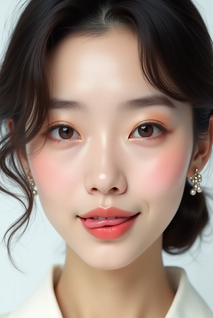 40s Japanese、Natural Skin、perfection, She has smooth skin and、She has a gentle yet provocative look..Sticking out the tongue、Design a breathtaking female close-up. Lips are soft、Slightly curved., The faint smile、It suggests something deeper, sticking out tongue、She tilts her head up, Gives a sophisticated and calm impression.. background should be white, Emphasize her elegance."tongue, Sticking out the tongue, Shortcuts、Shortcuts,