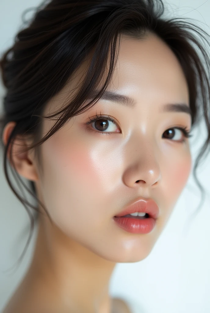 40s Japanese、Natural Skin、perfection, She has smooth skin and、She has a gentle yet provocative look..Sticking out the tongue、Design a breathtaking female close-up. Lips are soft、Slightly curved., The faint smile、It suggests something deeper, sticking out tongue、She tilts her head up, Gives a sophisticated and calm impression.. background should be white, Emphasize her elegance."tongue, Sticking out the tongue, Shortcuts、Shortcuts,